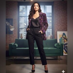 VTG MARK ALAN Purple Floral Velvet Blazer One Button Front Women Size 10